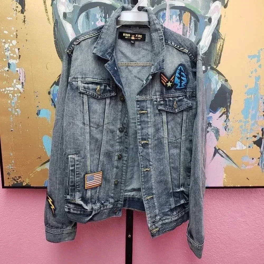 Ring of Fire Denim Jacket with Patch Detail Size S
